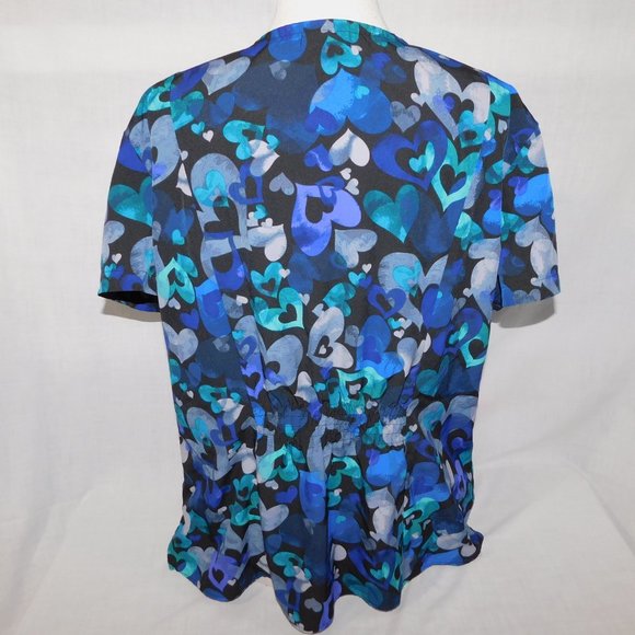 White Cross Womens XL Black with Blue Purple Hearts V Neck Scrub Top Shirt - Picture 11 of 12